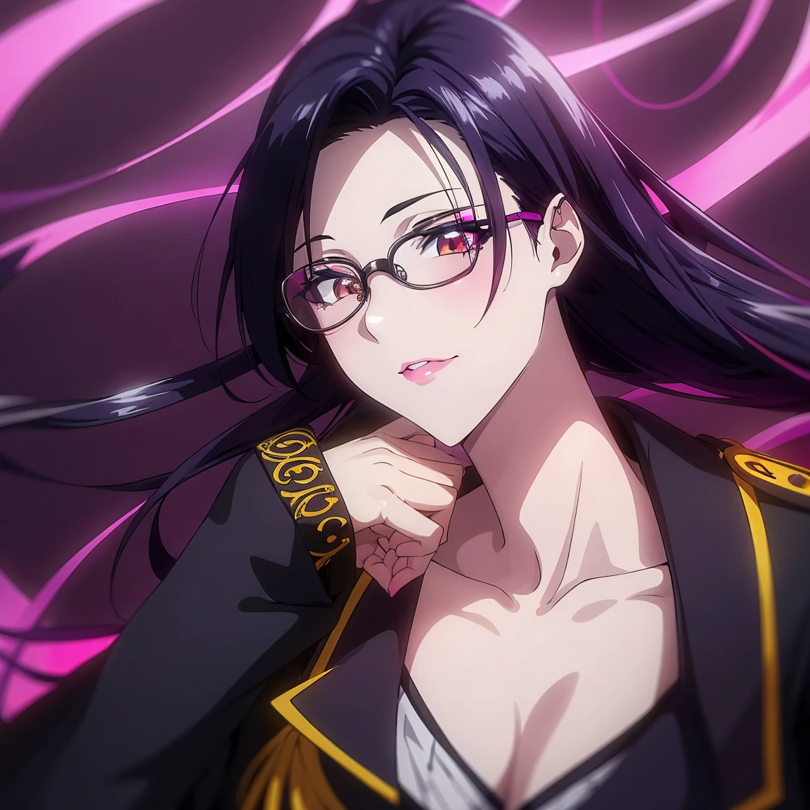 A Beautiful 18-year-old witch girl with glasses and fair skin And long, black hair with purple highlights, yellow eyes and dark purple lipstick. Naval uniform with red highlights