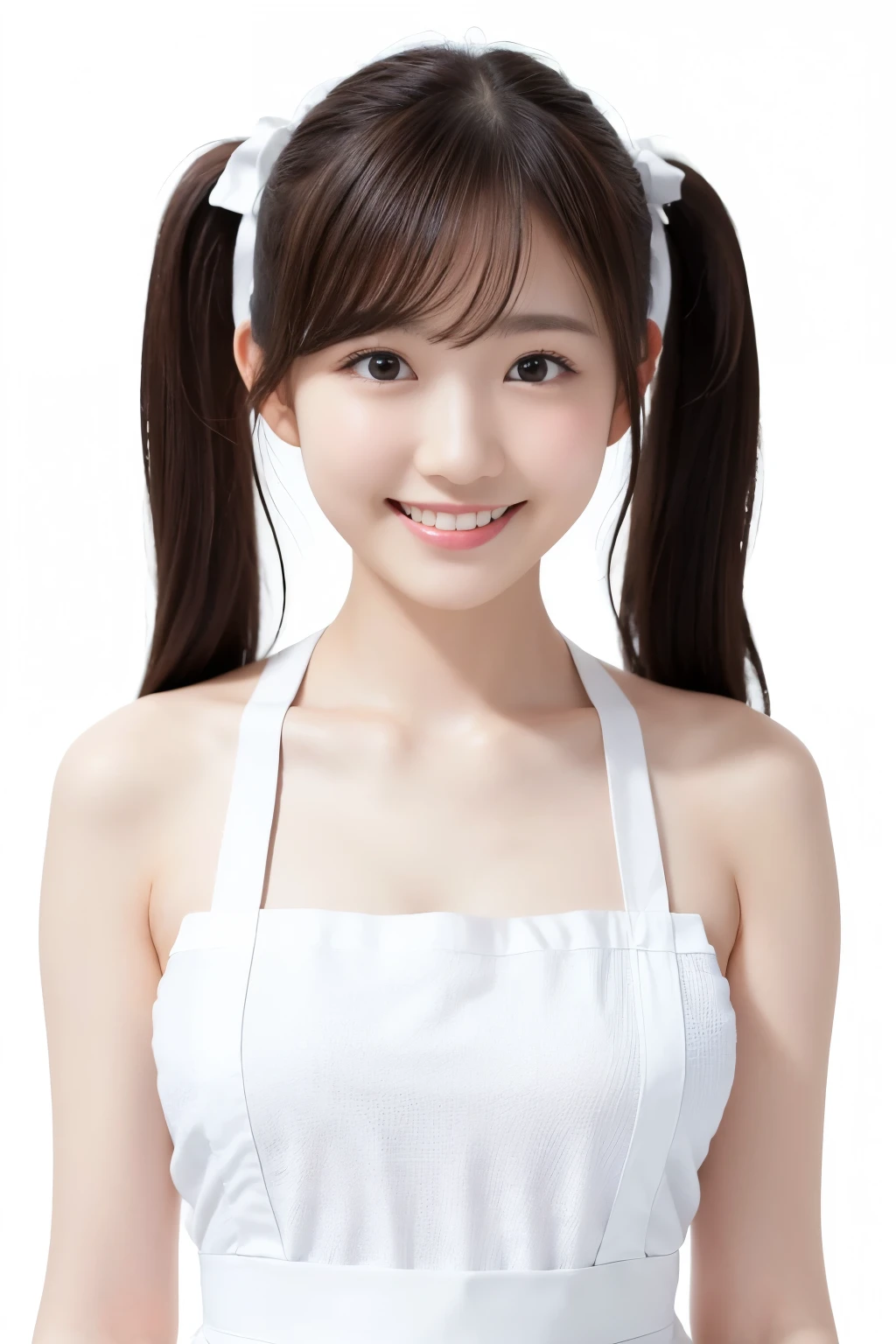 (Highest quality、Tabletop、8k、Best image quality、Award-winning works)、1. pretty girl、(Straight twin tails:1.1)、(Naked and white apron:1.2)、(The perfect pure white apron:1.3)、Perfect girl portrait photo、Glowing Skin、Brown Hair、(Large Breasts:1.3)、(Accentuate your body lines:1.1)、Standing Elegantly、(Face close-up:1.3)、Woman looking up at me、Cute Smile、(The simplest solid white background:1.5)