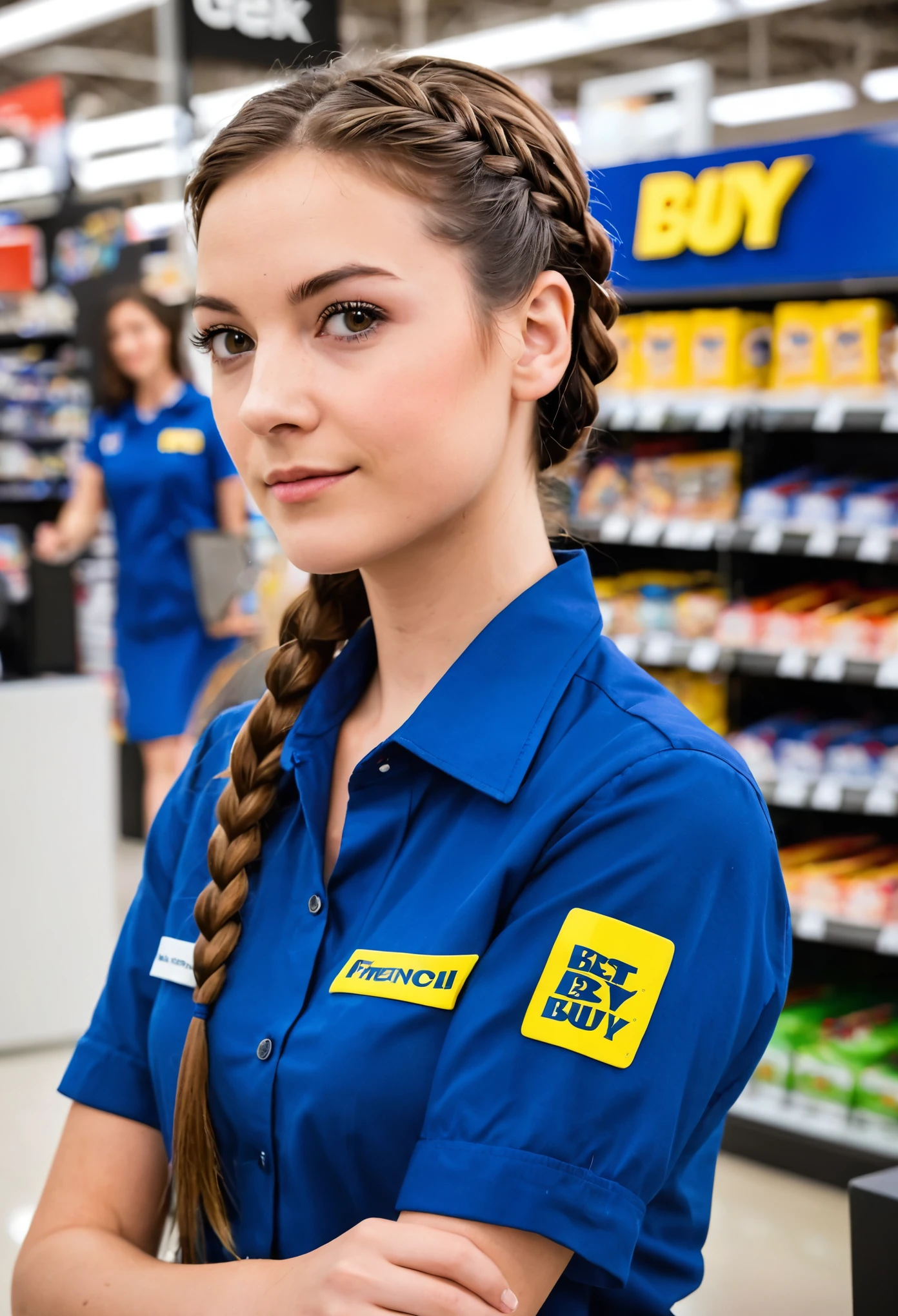 (candid photo), of (effortlessly beautiful woman with brunette hair, French braid), (([small|tiny] breasts)), (perfect face), (highly detailed skin), (wearing Best Buy uniform:1.2), geek squad, (inside consumer electronics retailer),  ambient lighting, (fluorescent light:0.7), sharp focus, photographed on a Panasonic Lumix GH6, FE 35mm lens, F1.4, (highly detailed, intricately detailed), eye focus,  