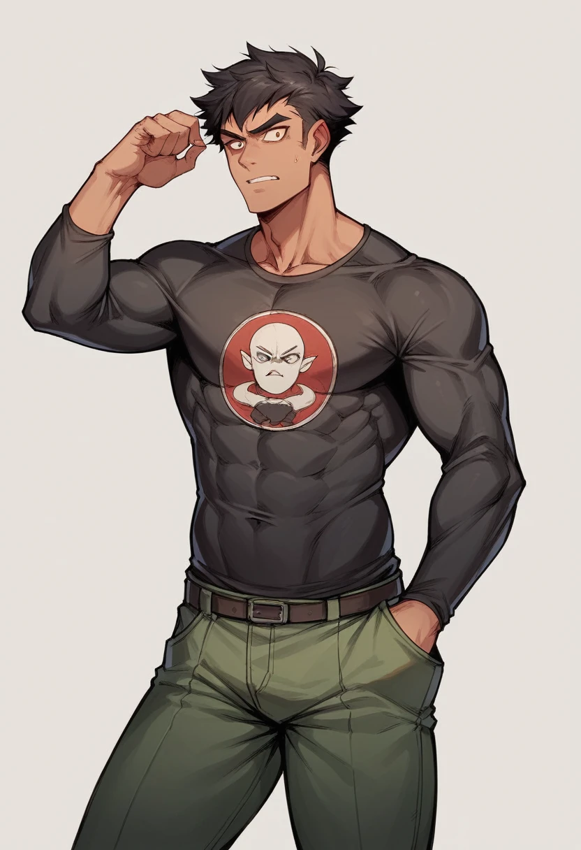 Garoto, pele negra, olhos azuis brilhantes, black t-shirt and military pants 