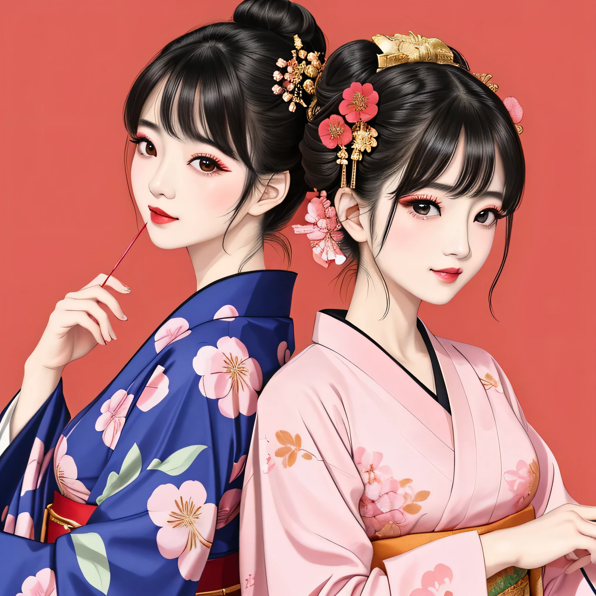 Each has a different expression2People and sisters、(2 girls)、⦅Dancing traditional arts with grace)、((Big Breasts、Small Face、Not exposed))、Highest quality、masterpiece、(Black Hair、Bun Hair)、Brown Eyes、⦅Wide angle、Angle from above the waist、Pause on the magazine cover、Their gazes are different, gazing into the distance⦆、(8K High Quality、masterpiece、High resolution、Realistic and beautiful light and shadow、(Highest quality)、(High Resolution)、(Very delicate and beautiful)、(Beautiful 8k face)、(With a smile、Beautiful eyes)、(Clear skin)、(Soft hair)、(8Head to Body)、(A Japanese-style yukata kimono with red, pink, orange and blue floral patterns on a white background, interspersed with gold powder、Wearing a yukata2Beautiful Japanese girls)、((Tanabata decoration background))、((Small Face))、(arms up)、Thin and small nose、(Red lipstick)、(Make your cheeks red)、(Glossy skin)、((Ink painting style))、Very thin eyebrows、Overall ultra-high image quality、(She is wearing maiko-style makeup.)、Whitening、Long and beautiful eyelashes、Glowing Skin、(Red cheeks),Straight nose、masterpiece、Highest quality、whole body、 Eyebrows visible through hair、Bun Hair、Grin、Gal、Gal、Viewer's Eyes、Plaid、Stylish、woman、fine、Pause、
Waiting to start