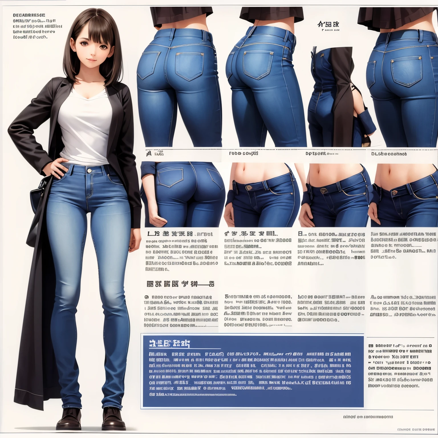 Detailed character sheet, Front view, Side view, Diagonal view, with a white returnground, show women, 18-year-old, with short dark brown hair combed return, Wearing light casual clothing, Wearing tight denim jeans. The seat includes different angles, Front etc., return, and Side views, Model sheets and reference sheets, Full-body painting. Proportions are based on a 7.5 head scale