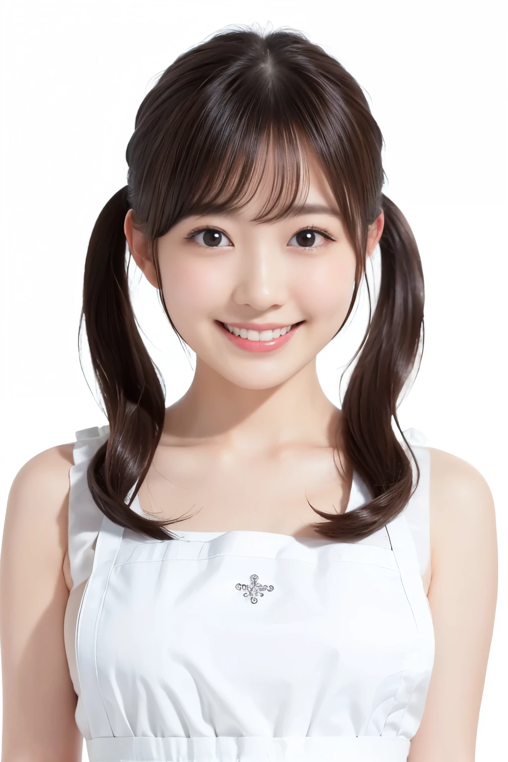 (Highest quality、Tabletop、8k、Best image quality、Award-winning works)、1. pretty girl、(Wavy twin tails:1.1)、(Naked and white apron:1.2)、(The perfect pure white apron:1.3)、Perfect girl portrait photo、Glowing Skin、Brown Hair、(Large Breasts:1.3)、(Accentuate your body lines:1.1)、Standing Elegantly、(Face close-up:1.3)、Woman looking up at me、Cute Smile、(The simplest solid white background:1.5)