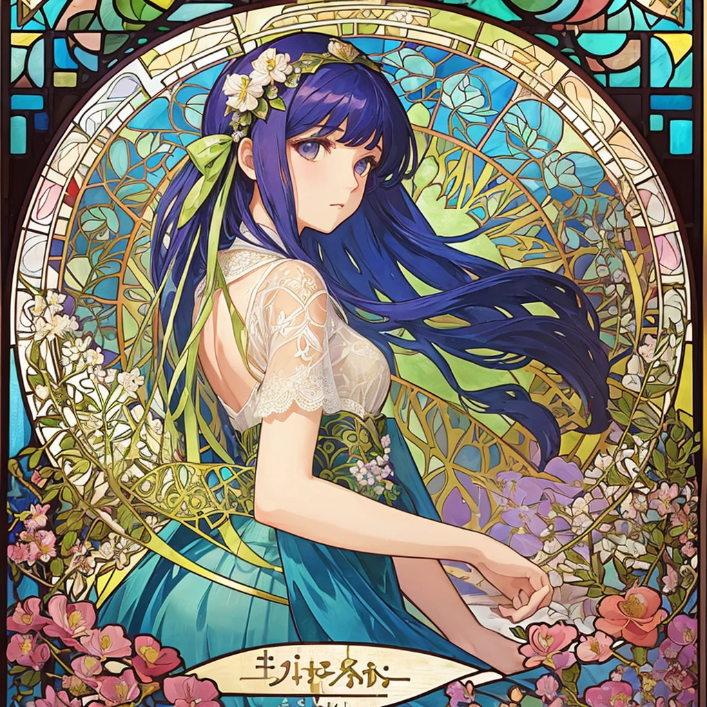 (((1 girl ))), masterpiece, highest quality, beautifully、aesthetic: 1.2, gem, Quality lace, Detailed frame, Flowers, leaf, A beautiful girl fits into the frame, Alphonse Mucha Style, Transparent and beautiful stained glass background, rainbow colorful hair, from behind