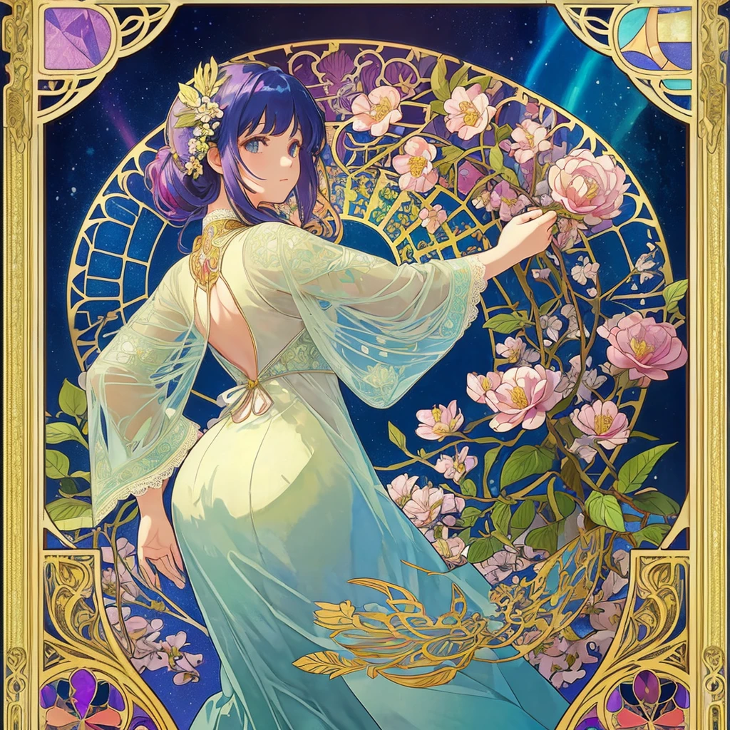 (((1 girl ))), masterpiece, highest quality, beautifully、aesthetic: 1.2, gem, Quality lace, Detailed frame, Flowers, leaf, A beautiful girl fits into the frame, Alphonse Mucha Style, Transparent and beautiful stained glass background,  rainbow colorful hair, from behind