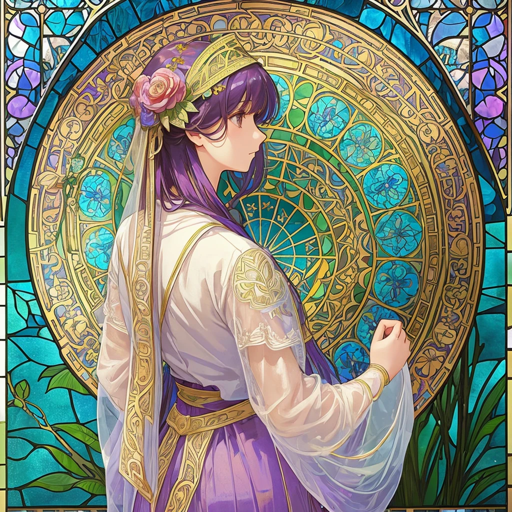 (((1 girl ))), masterpiece, highest quality, beautifully、aesthetic: 1.2, gem, Quality lace, Detailed frame, Flowers, leaf, A beautiful girl fits into the frame, Alphonse Mucha Style, Transparent and beautiful stained glass background,  rainbow colorful hair, from behind