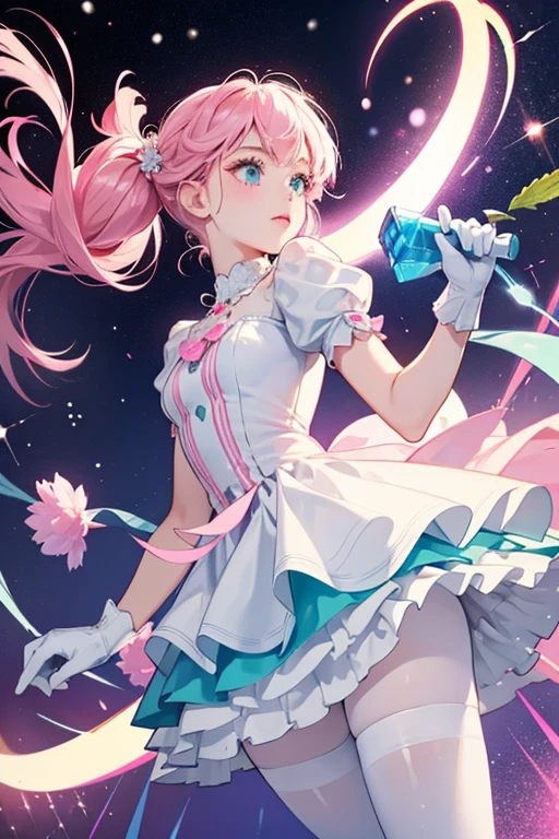 She looks mostly the same as her game counterpart. However, she now has mint-blue eyes, her gloves are now white, and the flounces on her dress are lighter with a shine while the skirt is darker. She also has light pink and white tights that resemble candy canes and dark purplish-pink Mary Jane flats. SPARKLE; GLITTER