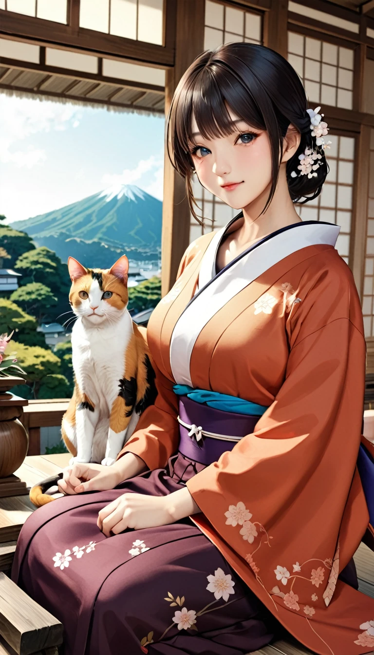 a woman sitting on a shelf with a cat, Ehime, japan shonan enoshima, landscape of Kamakura, by Toshihide Nishida, Minamiten-bo Nakahara, by Masao Maeda, beautiful Iwakura, by Naomichi Nakamura, by Rei Kamogari, Tsuyoshi Miyamoto, by Kamagurukaphotorealistic, highly detailed, vibrant colors, natural lighting, beautiful scenery, Japanese architecture, traditional style, elegant pose, pensive expression, calico cat, soft focus, warm tones, cinematic composition