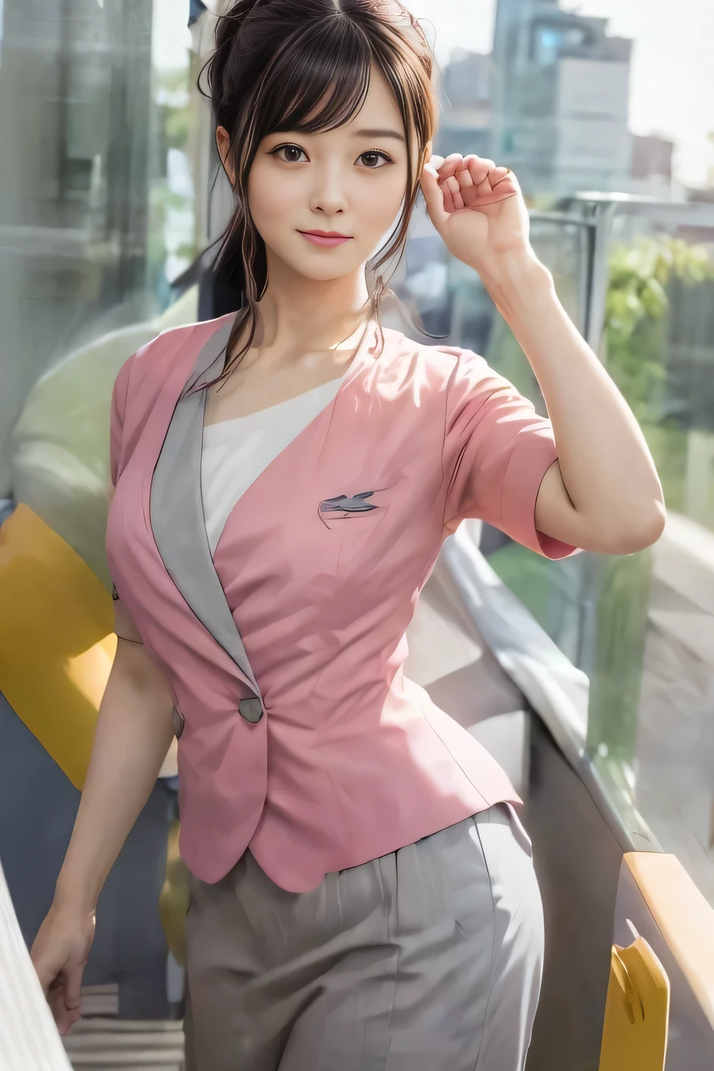 (masterpiece:1.2, Highest quality:1.2), 32K HDR, High resolution, (alone、1 girl)、 (Height: 160cm)、(On the rooftop of a building in the daytime、Professional Lighting)、Building rooftop background、(Nankai train crew uniform pinkを着たリアルスタイル)、(Nankai train crew uniform pink short sleeve collarless pink jacket、Nankai Train Crew Uniform Pink Collarless Short Sleeve Blouse、Nankai Train Crew Uniform Pink Grey Knee-length Culottes)、Dark brown hair、(Hair tied up、Hair tied up、Evening curly hairstyle)、Dark brown hair、Long Shot、Big Breasts、Thin legs、((Great hands:2.0)),((Harmonious body proportions:1.5)),((Normal limbs:2.0)),((Normal finger:2.0)),((Delicate eyes:2.0)),((Normal eyes:2.0)))、smile、(Nankai Train Crew Uniform Pink Grey Knee-length Culottesを見せた美しい歩く姿)、Place your hands around your stomach、Lanyard employee ID card