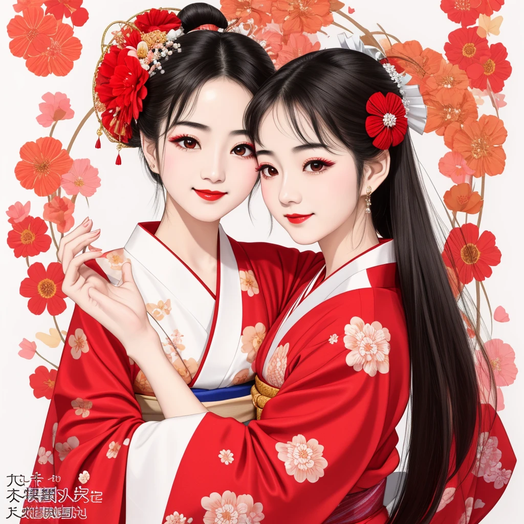 7 sisters, 7 girls with different faces and expressions, dancing gracefully, small faces, top quality, masterpieces, black hair, bun hair, wide angle, diagonally above the waist, magazine cover pose, 8K high resolution, Masterpiece, high resolution, realistic and beautiful light and shadow, top quality, high resolution, very delicate and beautiful, beautiful 8K face, smile and smile. Seven beautiful Japanese girls with eyes, transparent skin, soft hair, eight heads, Japanese style kimonos with red, pink and orange floral patterns on a white background, yukatas, small faces, thin and small noses, red lipstick , glossy skin, very thin eyebrows, overall super high resolution, Maiko-style makeup, fair skin, long and beautiful eyelashes, glossy skin, red cheeks, holding a flower hat prop in one hand, dance, Kasa Odori, Kasanihi Odori, Japan Dance, festival, movie poster style