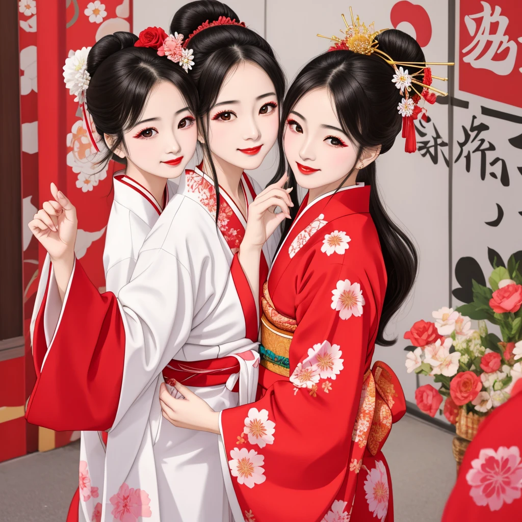 7 sisters, 7 girls with different faces and expressions, dancing gracefully, small faces, top quality, masterpieces, black hair, bun hair, wide angle, diagonally above the waist, magazine cover pose, 8K high resolution, Masterpiece, high resolution, realistic and beautiful light and shadow, top quality, high resolution, very delicate and beautiful, beautiful 8K face, smile and smile. Seven beautiful Japanese girls with eyes, transparent skin, soft hair, eight heads, Japanese style kimonos with red, pink and orange floral patterns on a white background, yukatas, small faces, thin and small noses, red lipstick , glossy skin, very thin eyebrows, overall super high resolution, Maiko-style makeup, fair skin, long and beautiful eyelashes, glossy skin, red cheeks, holding a flower hat prop in one hand, dance, Kasa Odori, Kasanihi Odori, Japan Dance, festival, movie poster style