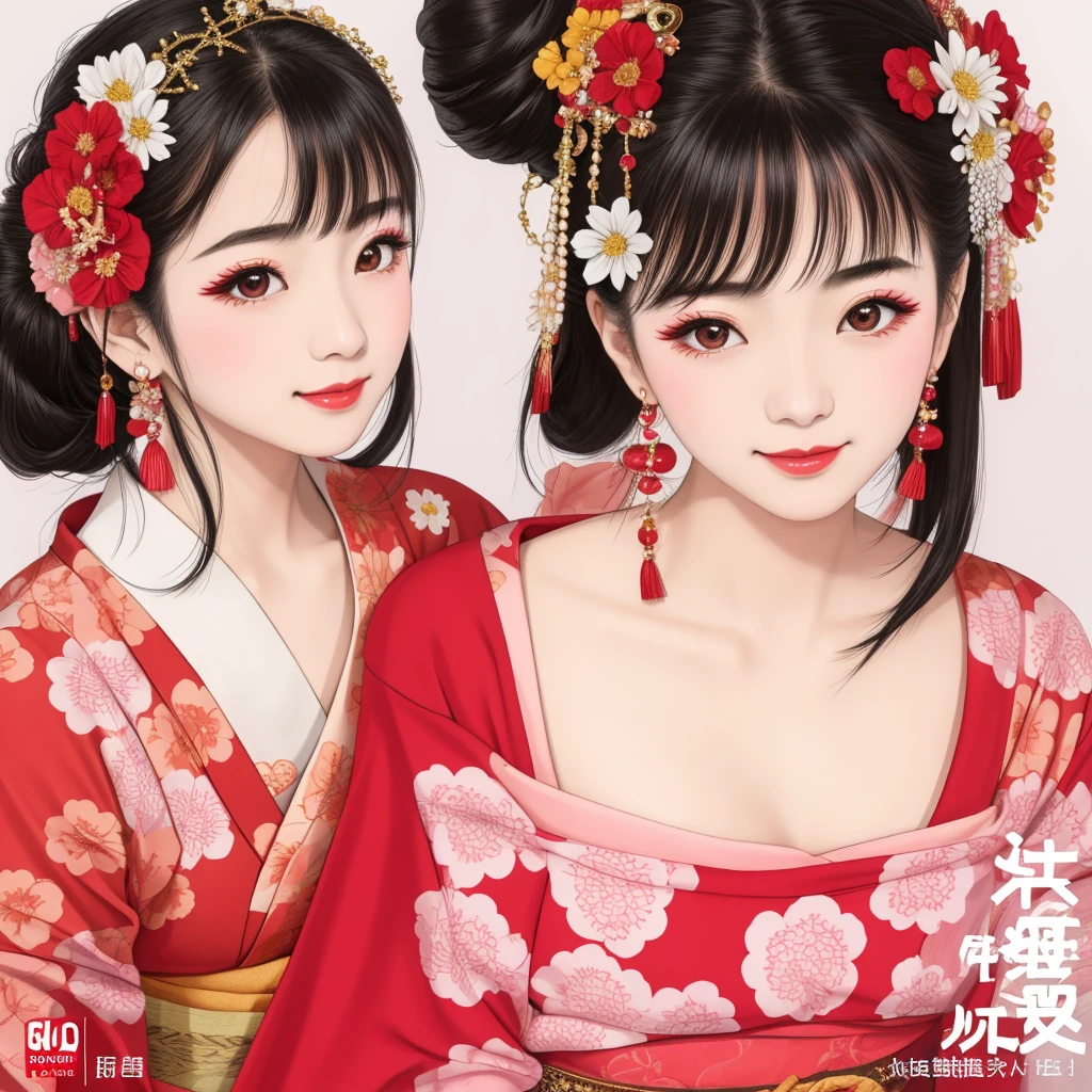 7 sisters, 7 girls with different faces and expressions, dancing gracefully, small faces, top quality, masterpieces, black hair, bun hair, wide angle, diagonally above the waist, magazine cover pose, 8K high resolution, Masterpiece, high resolution, realistic and beautiful light and shadow, top quality, high resolution, very delicate and beautiful, beautiful 8K face, smile and smile. Seven beautiful Japanese girls with eyes, transparent skin, soft hair, eight heads, Japanese style kimonos with red, pink and orange floral patterns on a white background, yukatas, small faces, thin and small noses, red lipstick , glossy skin, very thin eyebrows, overall super high resolution, Maiko-style makeup, fair skin, long and beautiful eyelashes, glossy skin, red cheeks, holding a flower hat prop in one hand, dance, Kasa Odori, Kasanihi Odori, Japan Dance, festival, movie poster style