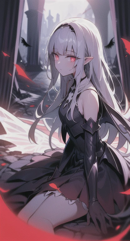 Ruined fortress life, wings, blood fairy, Lillie, darkness knight, armor, Forrest, glowing eyes, female creature,
