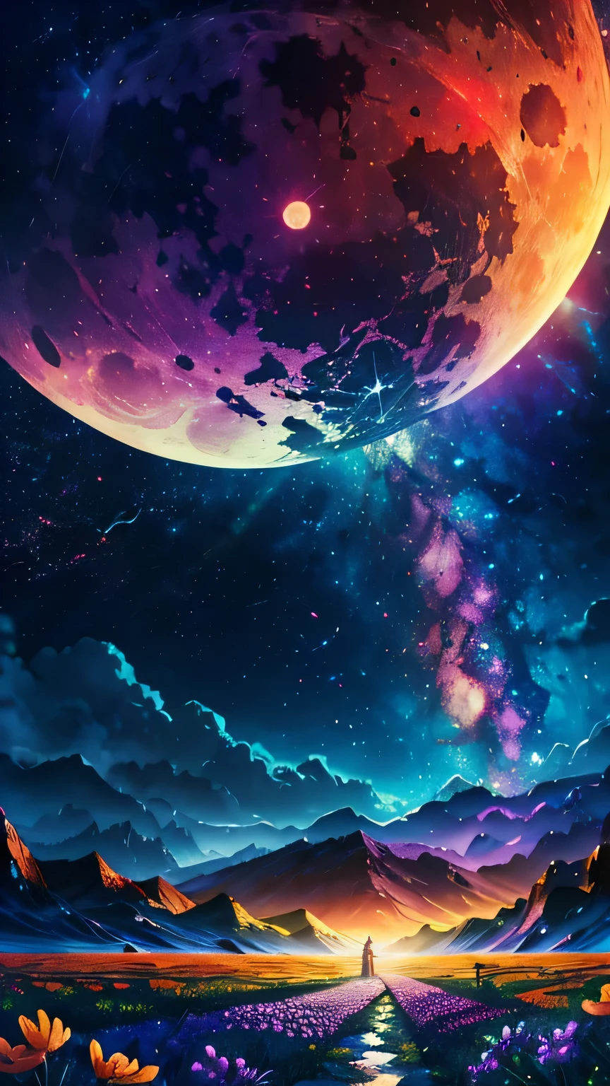 Vast landscape photography , (A view from below, with the sky above and the wide fields below), A girl standing in a flower field looking up, (full moon:1.2), ( shooting star:0.9), (nebula:1.3), Distant Mountain, Treebreak Production Art, (Warm light source:1.2), (fire Fly:1.2), lamp, Lots of purple and orange, Intricate details, Volumetric Lighting Break (masterpiece:1.2), (Highest quality), 4K, Super detailed, (Dynamic configuration:1.4), Very detailed, Colorful details,( Rainbow colors:1.2), (Shining Lights, Atmospheric lighting), dream-like, Magic, (alone:1.2)