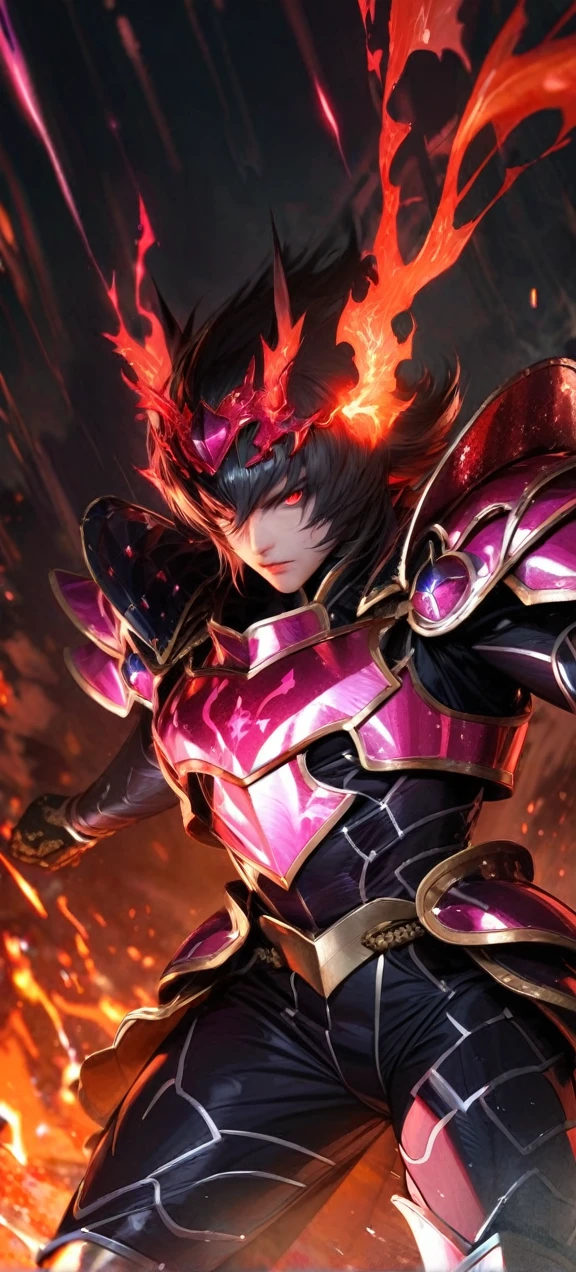 High quality, ultra realistic,absurdres, highres, ultra detailed, HDR, masterpiece, extremely detailed face and eyes, Sagitarius Seiya, Saint Saiya , red flames Armor, solo, ,man, handsome, ,white eyeleshes, red eyes , , red orange splashing effect, red orange lightning effect,glowing glitters , symetrical , black aura
