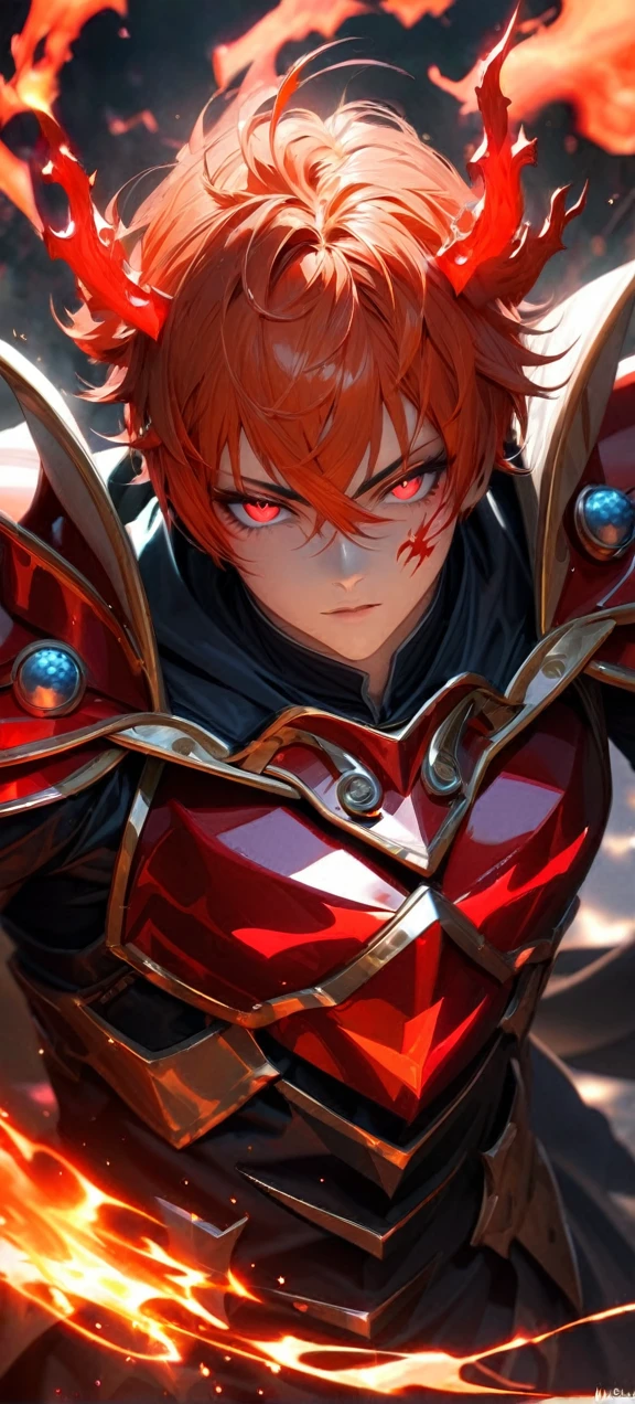  High quality, ultra realistic,absurdres, highres, ultra detailed, HDR, masterpiece, extremely detailed face and eyes,  Sagitarius Seiya, Saint Saiya , red flames Armor, solo, ,man, handsome, ,white eyeleshes, red eyes ,  , red orange splashing effect, red orange lightning  effect,glowing glitters , symetrical , black aura