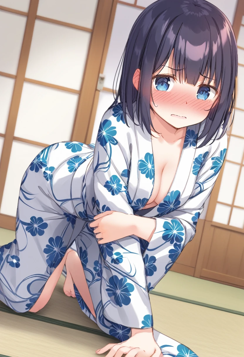 Cute beautiful girl、、From the back、On all fours、naked、( Embarrassed blush:1.9)、Open yukata,
