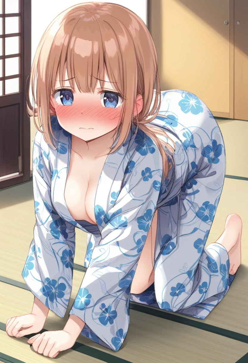 Cute beautiful girl、、From the back、On all fours、naked、( Embarrassed blush:1.9)、Open yukata,