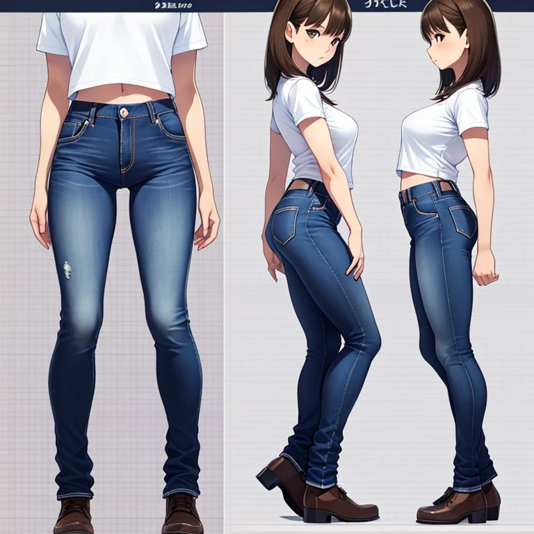 Detailed character sheet, Front view, Side view, Diagonal view, with a white returnground, show women, 30 years old, with short dark brown hair combed return, Wearing light casual clothing, Wearing tight denim jeans. The seat includes different angles, Front etc., return, and Side views, Model sheets and reference sheets, Full-body painting. Proportions are based on a 7.5 head scale.