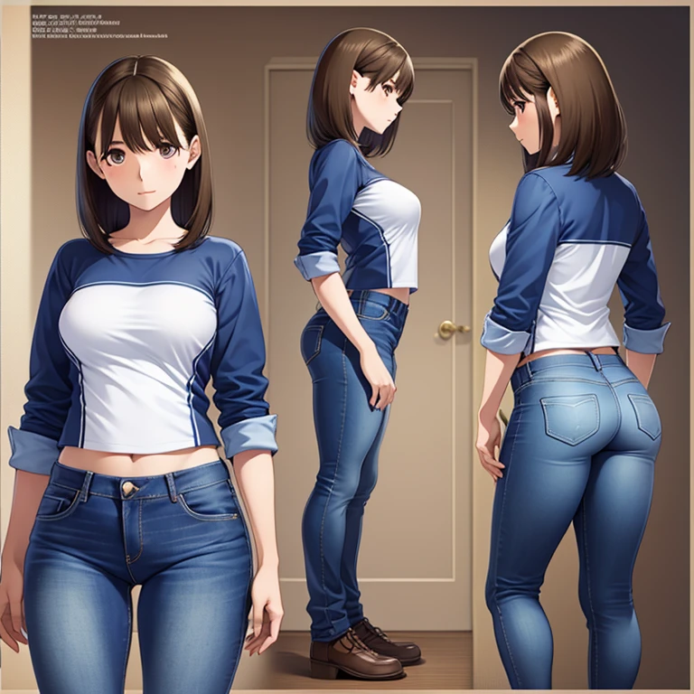 Detailed character sheet, Front view, Side view, Diagonal view, with a white returnground, show women, 30 years old, with short dark brown hair combed return, Wearing light casual clothing, Wearing tight denim jeans. The seat includes different angles, Front etc., return, and Side views, Model sheets and reference sheets, Full-body painting. Proportions are based on a 7.5 head scale.