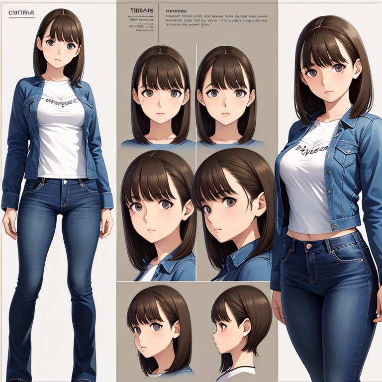 Detailed character sheet, Front view, Side view, Diagonal view, with a white returnground, show women, 30 years old, with short dark brown hair combed return, Wearing light casual clothing, Wearing tight denim jeans. The seat includes different angles, Front etc., return, and Side views, Model sheets and reference sheets, Full-body painting. Proportions are based on a 7.5 head scale.