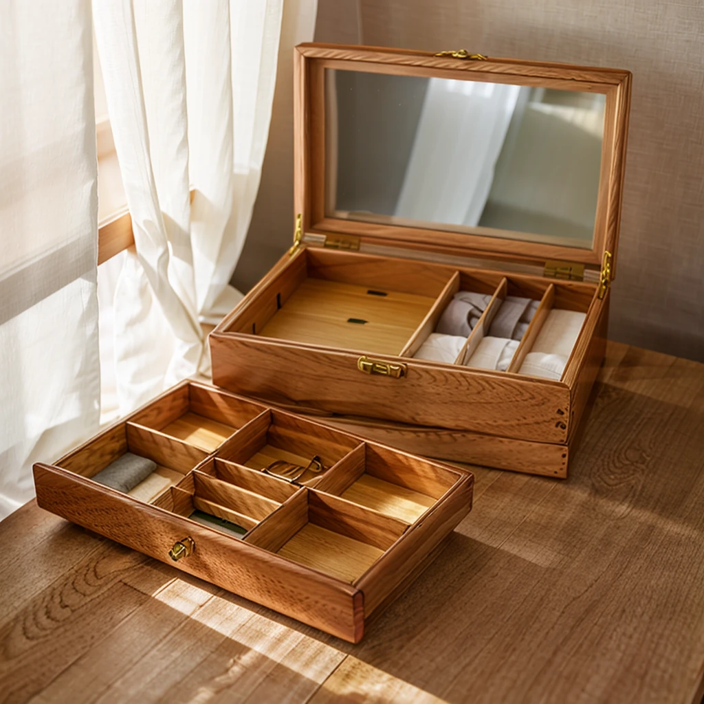 In this cozy room,A ray of sunlight shone through the half-drawn curtains on the table,Let the wood grain on the watch storage box shine with a faint luster。There was a calm and peaceful atmosphere in the air around them。There are several still lifes hanging on the walls of the room,It adds a touch of elegance to the space。And on the other side of the room,The half-open window lets in the breeze,The pages on the small desk by the window turned in the wind,This quiet scene gives a sense of tranquility and comfort。