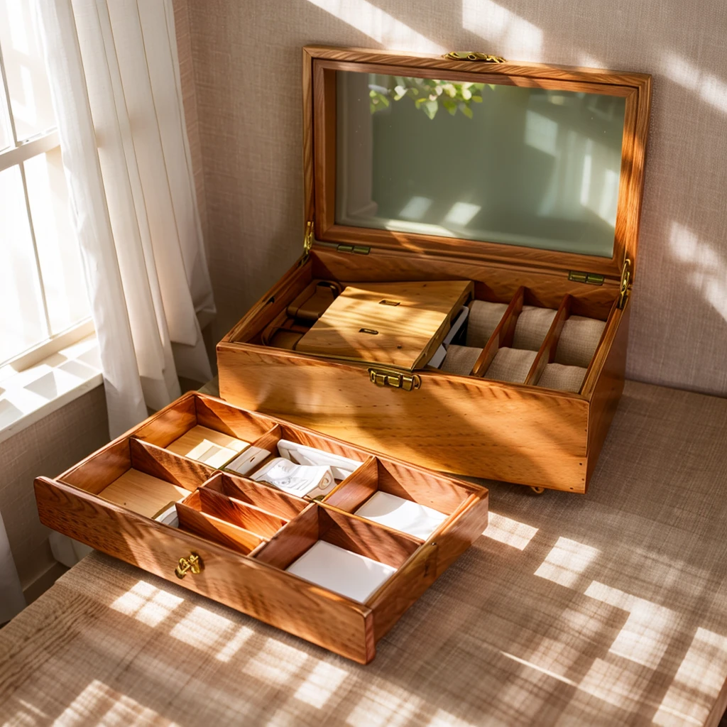 In this cozy room，A ray of sunlight shone through the half-drawn curtains on the table，Let the wood grain on the watch storage box shine with a faint luster。There was a calm and peaceful atmosphere in the air around them。There are several still lifes hanging on the walls of the room，It adds a touch of elegance to the space。And on the other side of the room，The half-open window lets in the breeze，The pages on the small desk by the window turned in the wind，This quiet scene gives a sense of tranquility and comfort。

