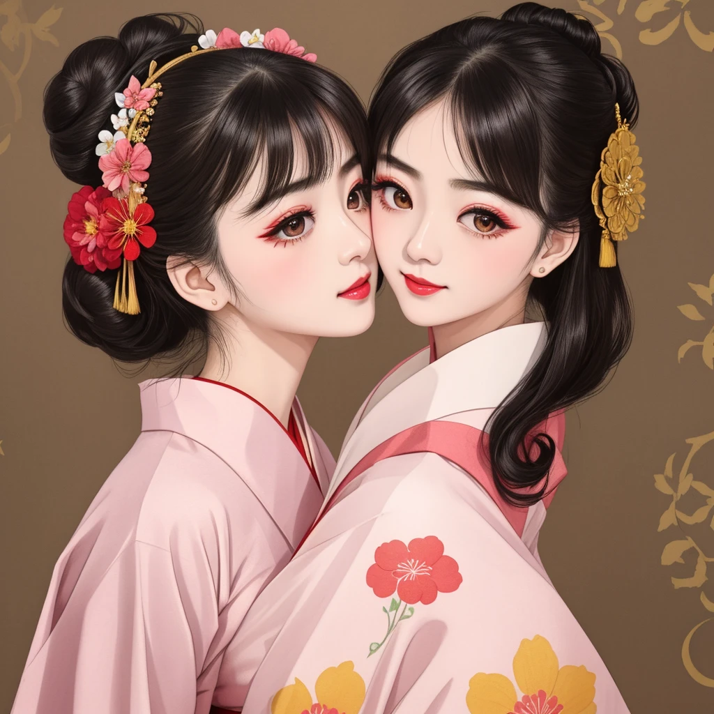 Each has a different expression2People and sisters、(2 girls)、⦅Dancing traditional arts with grace)、((Big Breasts、Small Face、Not exposed))、Highest quality、masterpiece、(Black Hair、Bun Hair)、Brown Eyes、⦅Wide angle、Angle from above the waist、雑誌の表紙のPause、Their gazes are different, gazing into the distance⦆、(8K High Quality、masterpiece、High resolution、Realistic and beautiful light and shadow、(Highest quality)、(High Resolution)、(Very delicate and beautiful)、(Beautiful 8k face)、(With a smile、Beautiful eyes)、(Clear skin)、(Soft hair)、(8Head to Body)、(A Japanese style yukata kimono with red, pink and orange floral patterns on a white background, interspersed with gold powder、Wearing a yukata2Beautiful Japanese girls)、((Tanabata decoration background))、((Small Face))、(arms up)、Thin and small nose、(Red lipstick)、(Make your cheeks red)、(Glossy skin)、((Ink painting style))、Very thin eyebrows、Overall ultra-high image quality、(She is wearing maiko-style makeup.)、Whitening、Long and beautiful eyelashes、Glowing Skin、(Red cheeks),Straight nose、masterpiece、Highest quality、whole body、 Eyebrows visible through hair、Bun Hair、Grin、Gal、コGal、Viewer's Eyes、Plaid、Stylish、woman、fine、Pause、
Waiting to start
