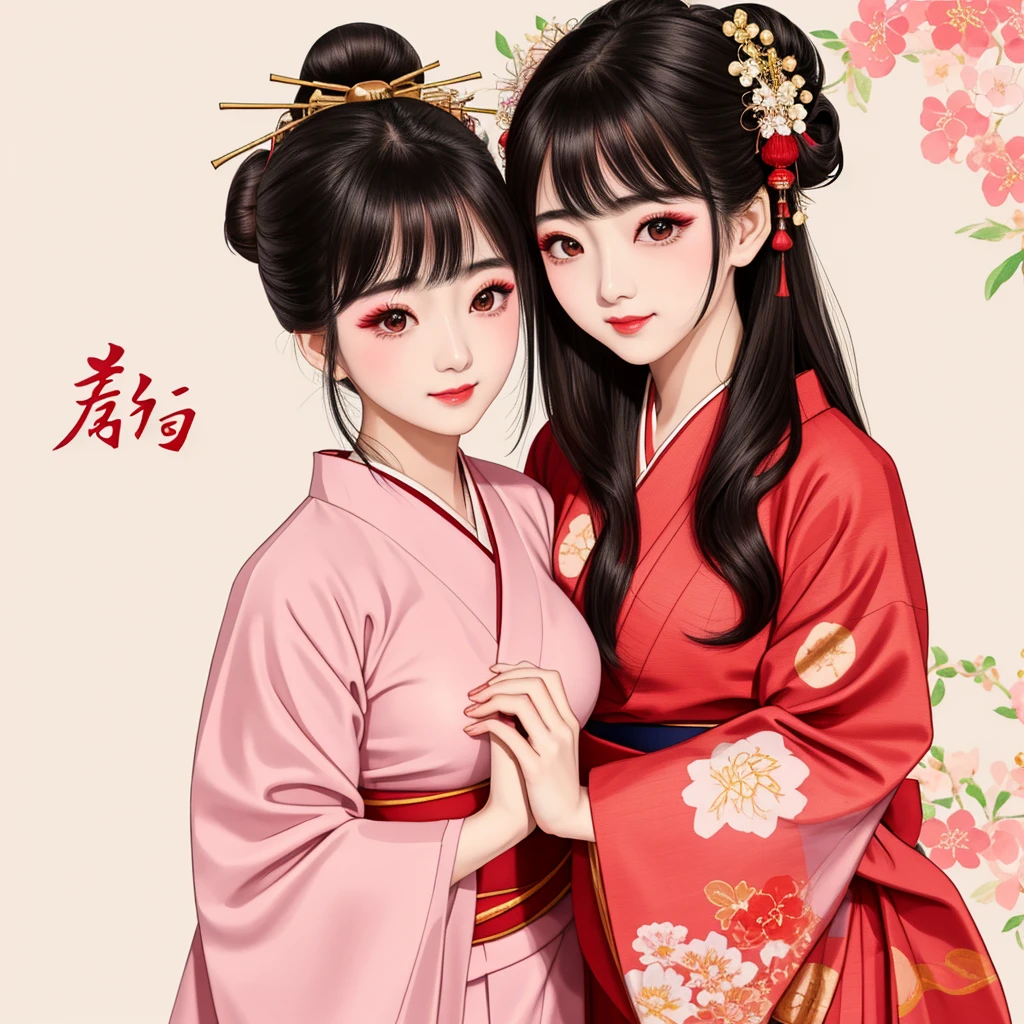 Each has a different expression２People and sisters、(２ girls）、｟Dancing traditional arts with grace)、((Big Breasts、Small Face、Not exposed))、Highest quality、masterpiece、（Black Hair、Bun Hair）、Brown Eyes、｟Wide angle、Angle from above the waist、雑誌の表紙のPause、Their gazes are different, gazing into the distance｠、(８K High Quality、masterpiece、High resolution、Realistic and beautiful light and shadow、(Highest quality)、(High Resolution)、(Very delicate and beautiful)、(Beautiful 8k face)、(With a smile、Beautiful eyes)、(Clear skin)、(Soft hair)、(８Head to Body)、(A Japanese style yukata kimono with red, pink and orange floral patterns on a white background, interspersed with gold powder、Wearing a yukata２Beautiful Japanese girls)、((Tanabata decoration background))、((Small Face))、(arms up)、Thin and small nose、（Red lipstick）、（Make your cheeks red）、（Glossy skin）、((Ink painting style))、Very thin eyebrows、Overall ultra-high image quality、（She is wearing maiko-style makeup.）、Whitening、Long and beautiful eyelashes、Glowing Skin、（Red cheeks）,Straight nose、masterpiece、Highest quality、whole body、 Eyebrows visible through hair、Bun Hair、Grin、Gal、コGal、Viewer&#39;s Eyes、Plaid、Stylish、woman、fine、Pause、
Waiting to start 
