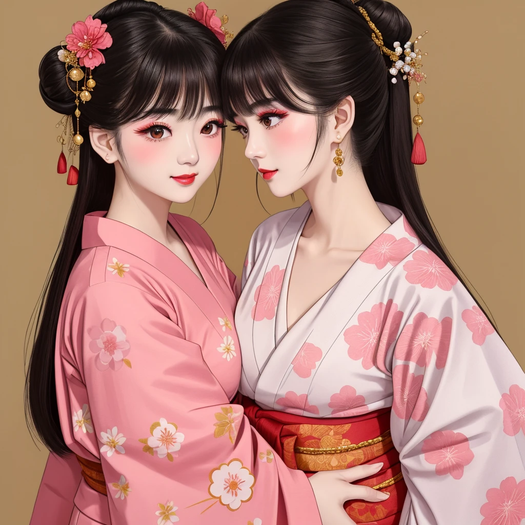 Each has a different expression２People and sisters、(２ girls）、｟Dancing traditional arts with grace)、((Big Breasts、Small Face、Not exposed))、Highest quality、masterpiece、（Black Hair、Bun Hair）、Brown Eyes、｟Wide angle、Angle from above the waist、雑誌の表紙のPause、Their gazes are different, gazing into the distance｠、(８K High Quality、masterpiece、High resolution、Realistic and beautiful light and shadow、(Highest quality)、(High Resolution)、(Very delicate and beautiful)、(Beautiful 8k face)、(With a smile、Beautiful eyes)、(Clear skin)、(Soft hair)、(８Head to Body)、(A Japanese style yukata kimono with red, pink and orange floral patterns on a white background, interspersed with gold powder、Wearing a yukata２Beautiful Japanese girls)、((Tanabata decoration background))、((Small Face))、(arms up)、Thin and small nose、（Red lipstick）、（Make your cheeks red）、（Glossy skin）、((Ink painting style))、Very thin eyebrows、Overall ultra-high image quality、（She is wearing maiko-style makeup.）、Whitening、Long and beautiful eyelashes、Glowing Skin、（Red cheeks）,Straight nose、masterpiece、Highest quality、whole body、 Eyebrows visible through hair、Bun Hair、Grin、Gal、コGal、Viewer&#39;s Eyes、Plaid、Stylish、woman、fine、Pause、
Waiting to start 
