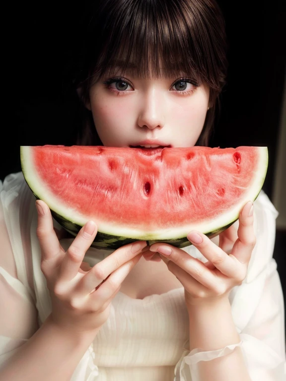 there is a woman holding a slice of watermelon in her hands, the material is!!! watermelon!!!, watermeloncore, watermelon, Wearing a melon,, watermelons,, young pretty gravure idol, beautiful asian girl, ,,,,Pale milky porcelain skin, Milky skin,, White skin like porcelain,Pure white skin,Smooth transparent white skin,Soft Portrait Shot 8k, , Photorealistic perfect body, Real young gravure idol, , Photorealistic Animation, ,,(8K, RAW Photos, Ultra-high resolution, highest quality, masterpiece:1.2), (Realistic illustrations), (Highly detailed CG Unity 8k wallpaper), 