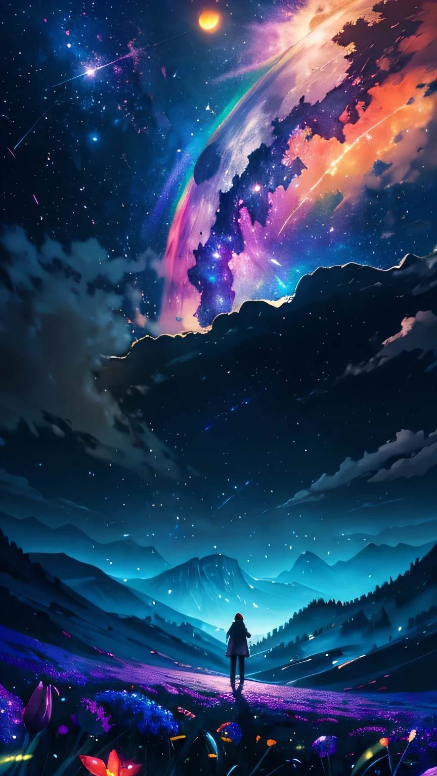 Vast landscape photography , (A view from below, with the sky above and the wide fields below), A girl standing in a flower field looking up, (full moon:1.2), ( shooting star:0.9), (nebula:1.3), Distant Mountain, Treebreak Production Art, (Warm light source:1.2), (fire Fly:1.2), lamp, Lots of purple and orange, Intricate details, Volumetric Lighting Break (masterpiece:1.2), (Highest quality), 4K, Super detailed, (Dynamic configuration:1.4), Very detailed, Colorful details,( Rainbow colors:1.2), (Shining Lights, Atmospheric lighting), dream-like, Magic, (alone:1.2)