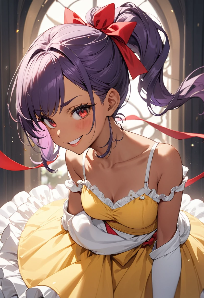 (anime style),masterpiece, best quality, extremely detailed,tanned skin,15yo gal,dark skin Beautiful body,Cinderella bust,BREAK,multicolored dark Purple hair,little side ponytail,short hair with long locks,BREAK,red eyes,naughty smile,shy,,thick eyebrow,smug,open mouth,eyes widen,sensual face,smile face,detailed lips,False eyelashes,BREAK,cotton red big ribbon,BREAK, yellow camisole dress,midriff baring outfit,frilled clothing,bridal gown,leaning_forward,break,head tilt,looking back