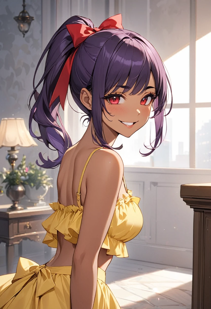 (anime style),masterpiece, best quality, extremely detailed,tanned skin, gal,dark skin Beautiful body,flat breasts,BREAK,multicolored dark Purple hair,little side ponytail,short hair with long locks,BREAK,red eyes,naughty smile,shy,,thick eyebrow,smug,open mouth,eyes widen,sensual face,smile face,detailed lips,False eyelashes,BREAK,cotton red big ribbon,BREAK, yellow camisole dress,midriff baring outfit,frilled clothing,bridal gown,leaning_forward,break,head tilt,looking back