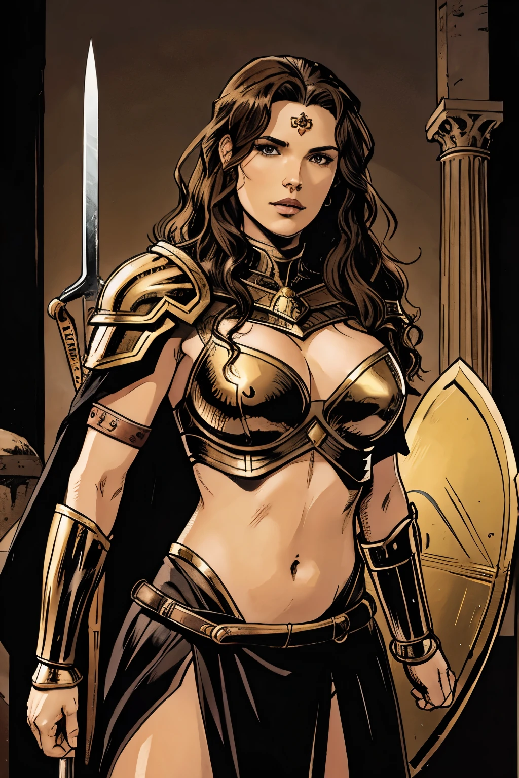 1 mature woman, Amazon warrior of themiscera, long curly hair, brown hair, dark brown eyes, thin lips, round face, wearing Greek battle helmet, huge breasts covered by well-protected and imposing Greek Amazon armor holding a short sword and a shield with a lion's head