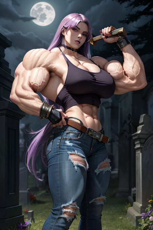 ((((Massive, beautiful, pale white skinned, buff, muscular female vampire slayer with violet purple hair, black lipstick, ginormous bulky muscles, brandishing a sword and wearing a tight tank top and tight denim pants)))), (close view), (massive muscles), massive biceps, hyper muscle shoulders, vascular shoulders, hyper muscle triceps, (long hair with long bangs), black eyes, (gauntlets), denim pants, chain belt, choker, thigh high heels, holding a sword, (in a moonlit cemetery), fingerless gloves, closed smile, night, hyper vascular arm, hyper muscles arms, hyper muscle legs, massive arms.