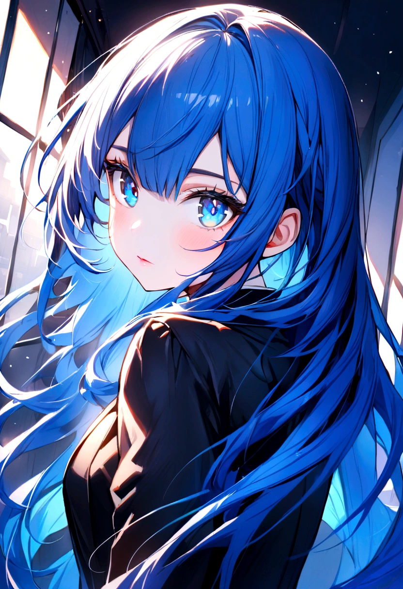 (Highest quality)(1 woman,single,blue long hair,blue eyes ,Black suit shirt,Turn to look at the viewer,with guardian cat) look back