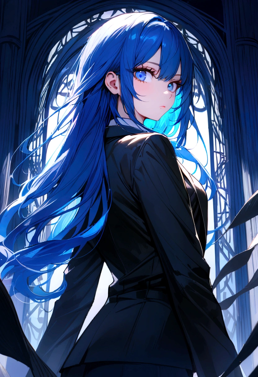 (Highest quality)(1 woman,single,blue long hair,blue eyes ,Black suit shirt,Turn to look at the viewer,with guardian cat) look back