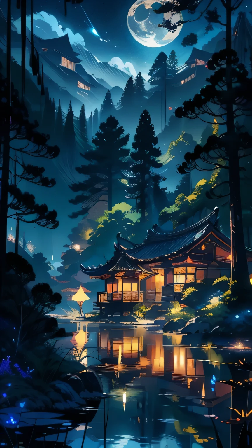(masterpiece), Night view, Handmade Asian Art, Vietnamese influence, Hazy Angler, Moonrise, quiet night, Green and blue palette, Digital Illustration, highly detailed 4k digital art, Night Scenery, anime art wallpaper 4k, Detailed digital art 4K, Nature landscape at night, Anime Art Wallpapers 8K, background image, Beautiful Art UHD 4K,
(Shiny Texture), (Ethereal atmosphere), (Soft, shining moonlight), (Vivid lake reflections), (Intricate details and textures), (A vibrant yet subdued color palette),