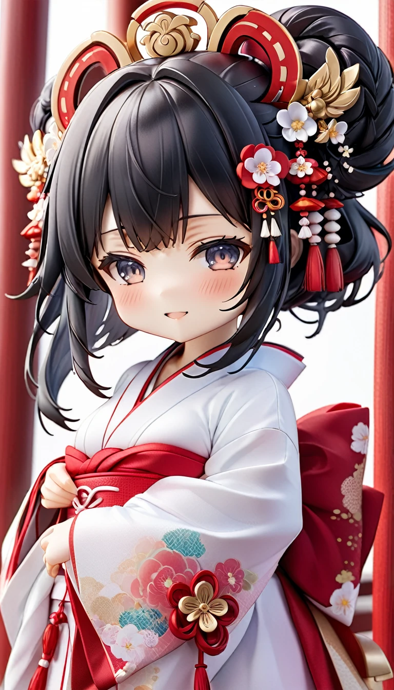 (nendoroid:2.0) (Japanese June Bride style) (15 yo, solo) ((blunt bangs, oiran hair)) (black hair long hair sexy shrine maiden girl, sexy closed eyes, love smile) ((beautiful make up)) (in a sexy japanese bride A silk:1.3 White wedding kimono), (in the divine Dazaifu Tenmangu Shrine), BREAK, perfect anatomy, masterpiece, best quality, 16k, beautiful detailed grow, daydreaming expression.