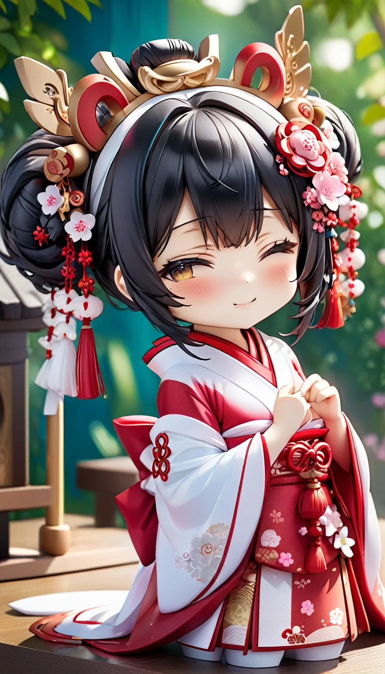 (nendoroid:2.0) (Japanese June Bride style) ( yo, solo) ((blunt bangs, oiran hair)) (black hair long hair sexy shrine maiden girl, sexy closed eyes, love smile) ((beautiful make up)) (in a sexy japanese bride A silk:1.3 White wedding kimono), (in the divine Dazaifu Tenmangu Shrine), BREAK, perfect anatomy, masterpiece, best quality, 16k, beautiful detailed grow, daydreaming expression.