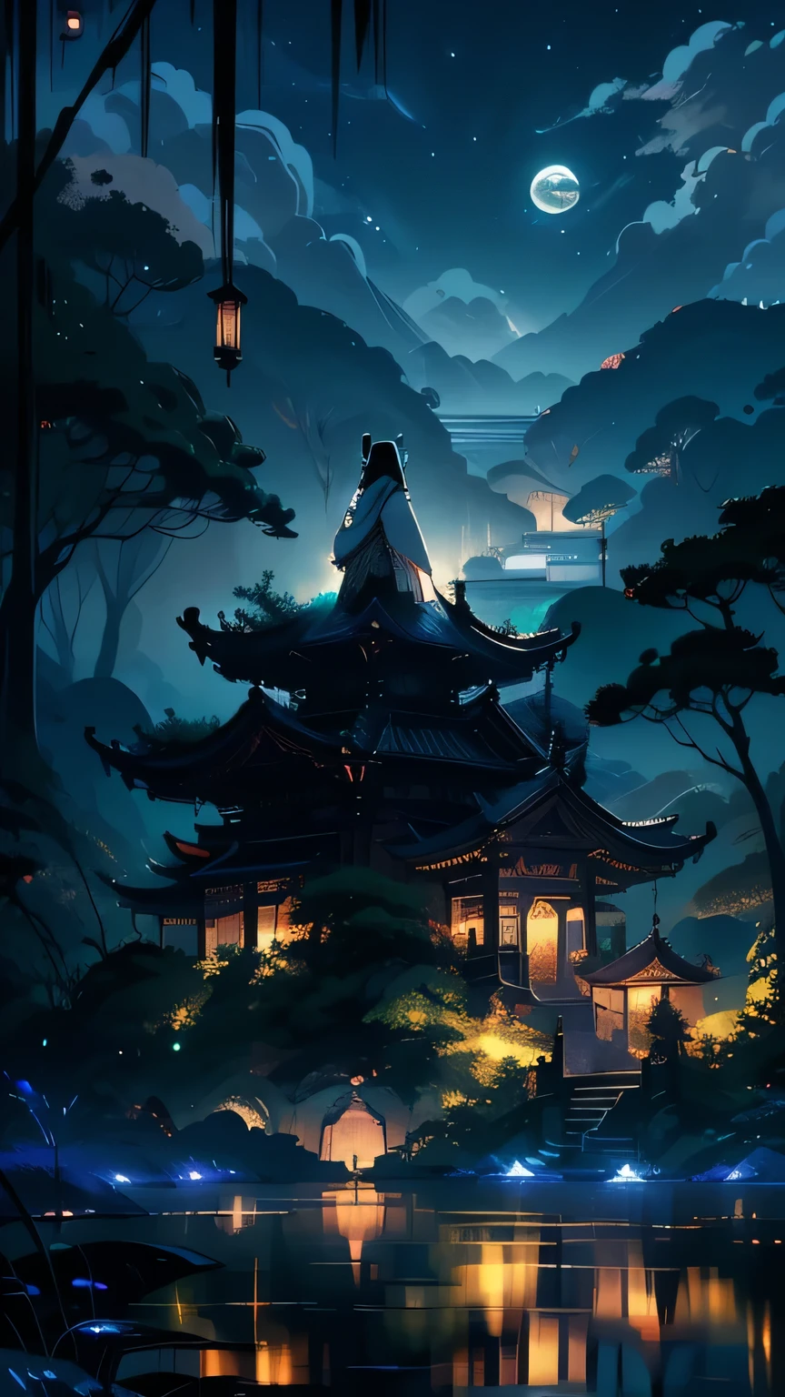 (masterpiece), Night view, Handmade Asian Art, Vietnamese influence, Hazy Angler, Moonrise, quiet night, Green and blue palette, Digital Illustration, highly detailed 4k digital art, Night Scenery, anime art wallpaper 4k, Detailed digital art 4K, Nature landscape at night, Anime Art Wallpapers 8K, background image, Beautiful Art UHD 4K,
(Shiny Texture), (Ethereal atmosphere), (Soft, shining moonlight), (Vivid lake reflections), (Intricate details and textures), (A vibrant yet subdued color palette),