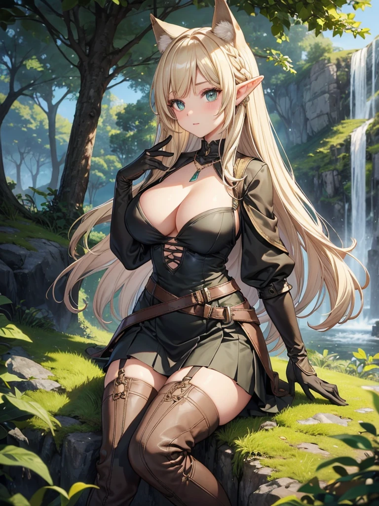 (Just one person) Features: A adventurer, fair-skinned elven woman, with elven ears, a curvy body, a thin waist and very large large bust. She has big sapphire blues eyes. Her hair is long blonde wolfcut style and half up half down with long curtain bangs and side bangs. Her expression is neutral. Outfit: She wears a adventurer's brown leather over-the-knee boots with laces, adventurer's brown gloves with straps that reach the elbow, a brown leather strap with ties, a very short black skirt, a low-cut green shirt with ruffles at the neckline and at the ends of the short sleeves and a necklace with a greenish diamond pendant. Setting: The place around her is a pine forest with light green leaves. The terrain has large gray stones and green grass.