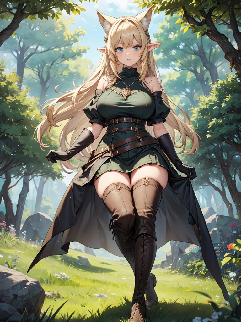 (Just one person) Features: A adventurer, fair-skinned elven woman, with elven ears, a curvy body, a thin waist and very large large bust. She has big sapphire blues eyes. Her hair is long blonde wolfcut style and half up half down with long curtain bangs and side bangs. Her expression is neutral. Outfit: She wears a adventurer's brown leather over-the-knee boots with laces, adventurer's brown gloves with straps that reach the elbow, a brown leather strap with ties, a very short black skirt, a low-cut green shirt with ruffles at the neckline and at the ends of the short sleeves and a necklace with a greenish diamond pendant. Setting: The place around her is a pine forest with light green leaves. The terrain has large gray stones and green grass.
