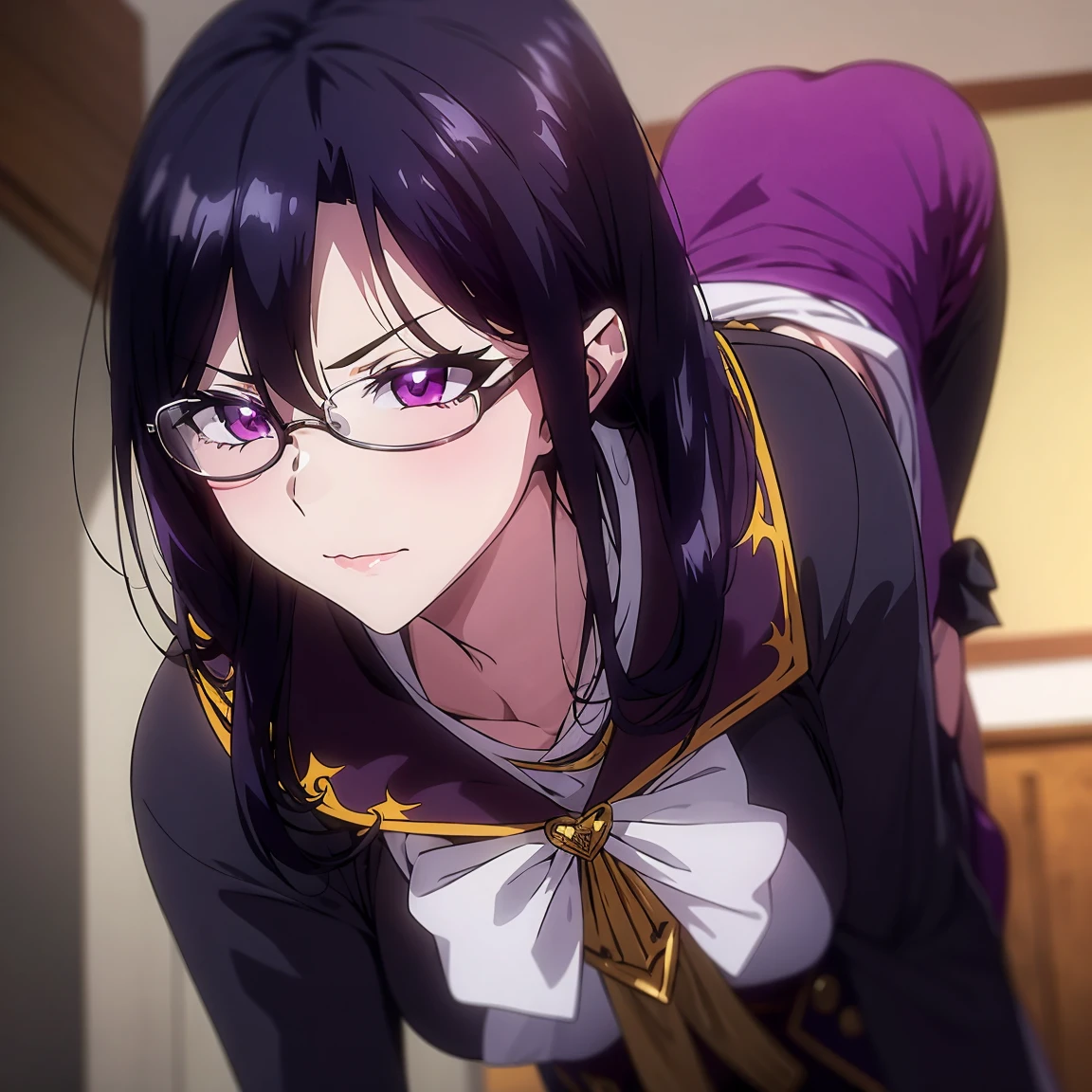 A Beautiful 18-year-old witch girl with glasses and fair skin And long, black hair with purple highlights, yellow eyes and dark purple lipstick. Naval uniform with red highlights, standing, serious