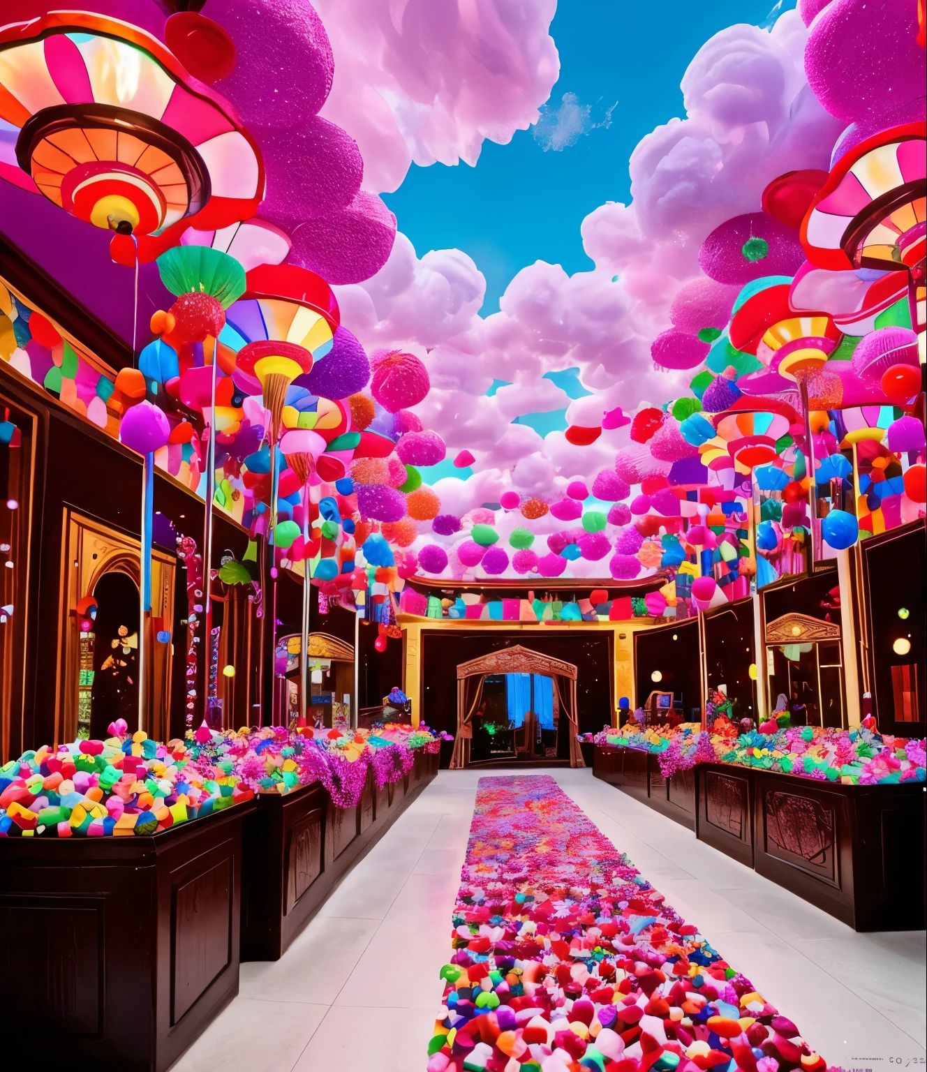 ```json
{
"prompt": "Create an image of a fantastical chocolate room inspired by Roald Dahl's 'Charlie and the Chocolate Factory'. The room is filled with chocolate waterfalls, candy trees, and rivers of molten chocolate. The walls are adorned with candy canes and the ceiling looks like a chocolate sky with cotton candy clouds. Giant lollipops and gumdrops decorate the landscape. There are whimsical elements like edible flowers and chocolate fountains. The scene should be vibrant, colorful, and full of wonder, capturing the magical and imaginative essence of Willy Wonka's factory.",
"size": "1792x1024"