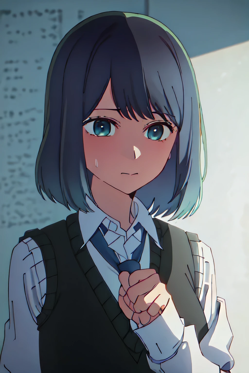 best quality, masterpiece, highres, solo, {kurokawa_akane_oshinoko:1.15}, bangs, short_hair, blue_hair, green_eyes, closed_mouth, black_hair, medium_hair, 1girl, black_vest, blue_eyes, blue_necktie, collared_shirt, necktie, school_uniform, shirt, sweater_vest, upper_body, vest, white_shirt, looking_at_viewer, simple_background, sweatdrop,field_flowers