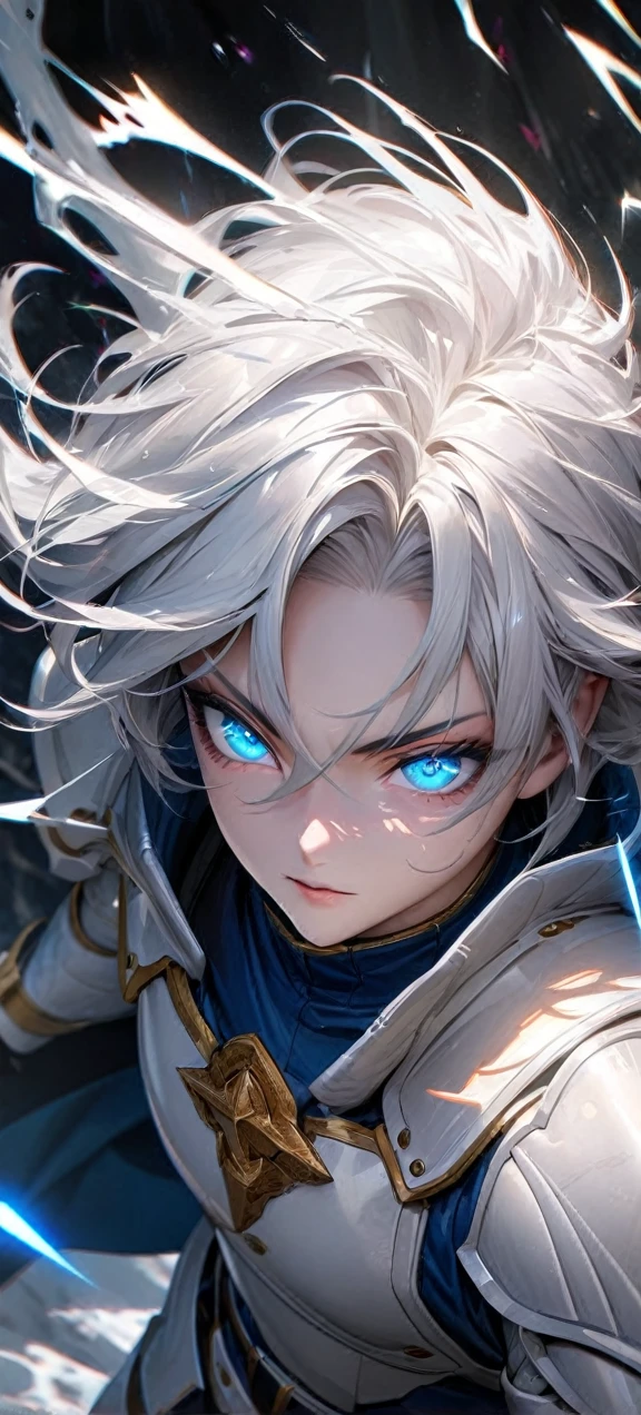  High quality, ultra realistic,absurdres, highres, ultra detailed, HDR, masterpiece, extremely detailed face and eyes,  Sagitarius Seiya, Saint Saiya , White Shinning Angel white Armor, solo, white hair,man, handsome, ,white eyeleshes, blue eyes , angel expresion, white splashing effect, white  lightning  effect,glowing glitters , symetrical , black aura