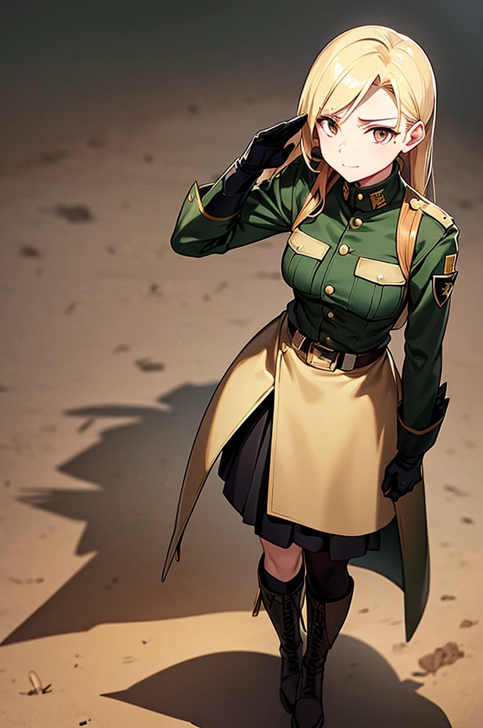 Content:
An anime woman in a military uniform. She has dark brown eyes, blonde hair that ends halfway down her back, and military boots. Her military uniform has themes of brown to reflect the desert background, and she carries binoculars. Her appearance is loosely inspired by Erwin Rommel. She wears a confident smile, looking very mature, with her hands on her hips.

Medium:
Digital art, anime illustration.

Style:
Pixiv contest winner, fine art, with elements inspired by historical military aesthetics and anime character design.

Lighting:
Dramatic, with strong contrasts to highlight her authoritative presence and the details of her uniform. Subtle shadows to add depth and realism.

Colours:
A palette dominated by military greens, browns, and blacks to reflect the desert environment.

Composition:
A full body shot. She salutes to the camera, showcasing her confidence and authority.