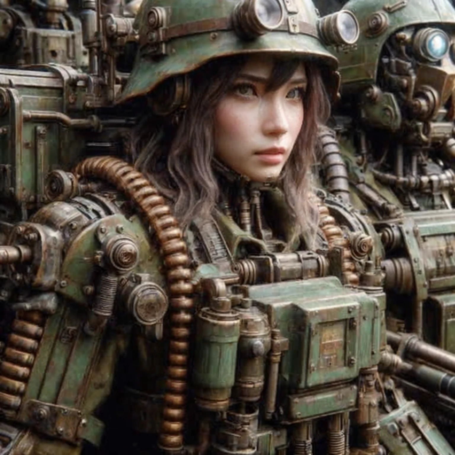 (masterpiece, best quality:1.2), (8k uhd, 16k, 32k, ultra high res), realistic photo, ultra sharp photo result, HDR10, superrealism, (The main subject: Wide-angle lens), (steampunk:1.2), beautiful japanese female, (super beautiful face), legs, Power mechanical suit), (super intricate all details), (super realistic all textures), metallic yellow color, hydraulic cylinder, Rust, scars from previous battles, (steam engine like),cinematic poses in motion, Rain, humidity, jungle